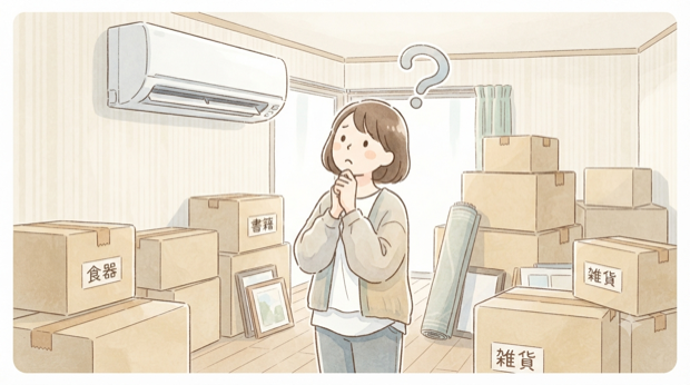 引越しの部屋でエアコンを見上げて、持っていくか置いていくか悩む人