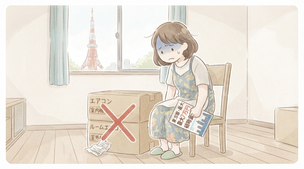 東京都の補助金を逃してがっかりする人。窓の外に東京タワー