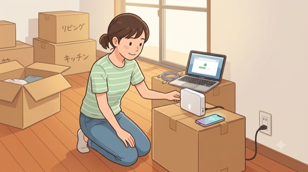 引越し後、ホームルーターをコンセントに挿してネットにつなぐ