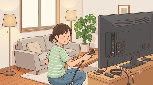 引越し先でテレビの配線をする人
