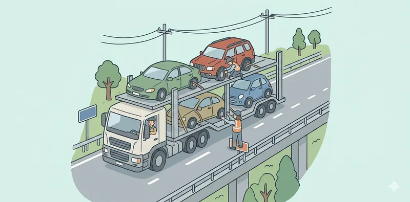 車をキャリアカーに積み込んで陸送する様子