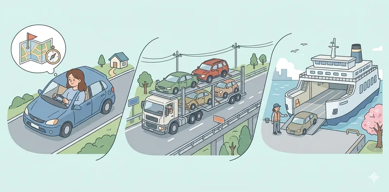 自走・陸送・フェリーで車を運ぶ3つの方法のイラスト