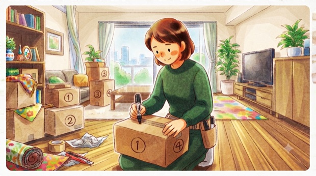 ダンボールに番号をふって荷物を管理する人