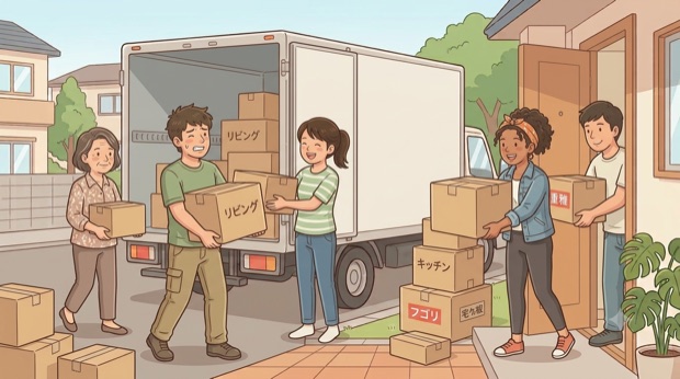 友人と一緒に引越しの荷物を運ぶ様子