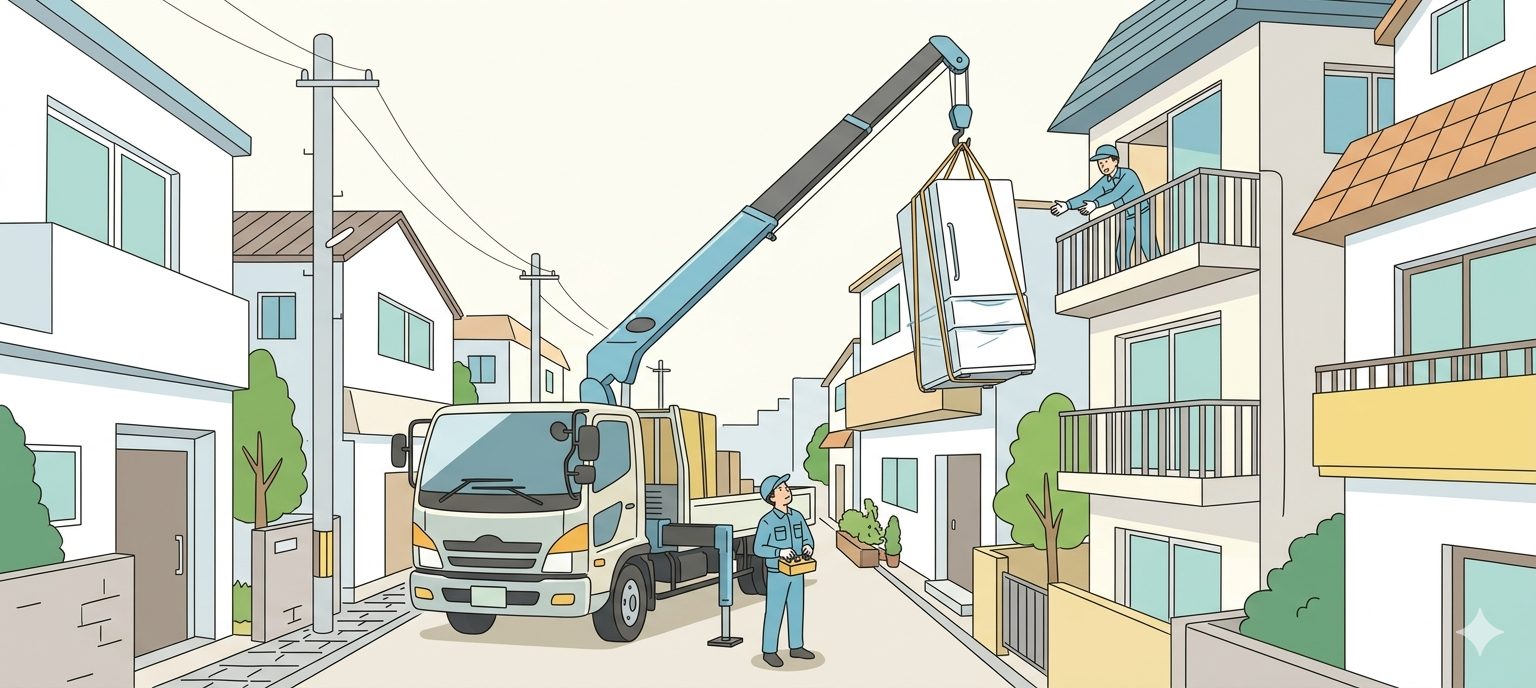 階段を通らない冷蔵庫とクレーンで吊り上げ搬入のイラスト