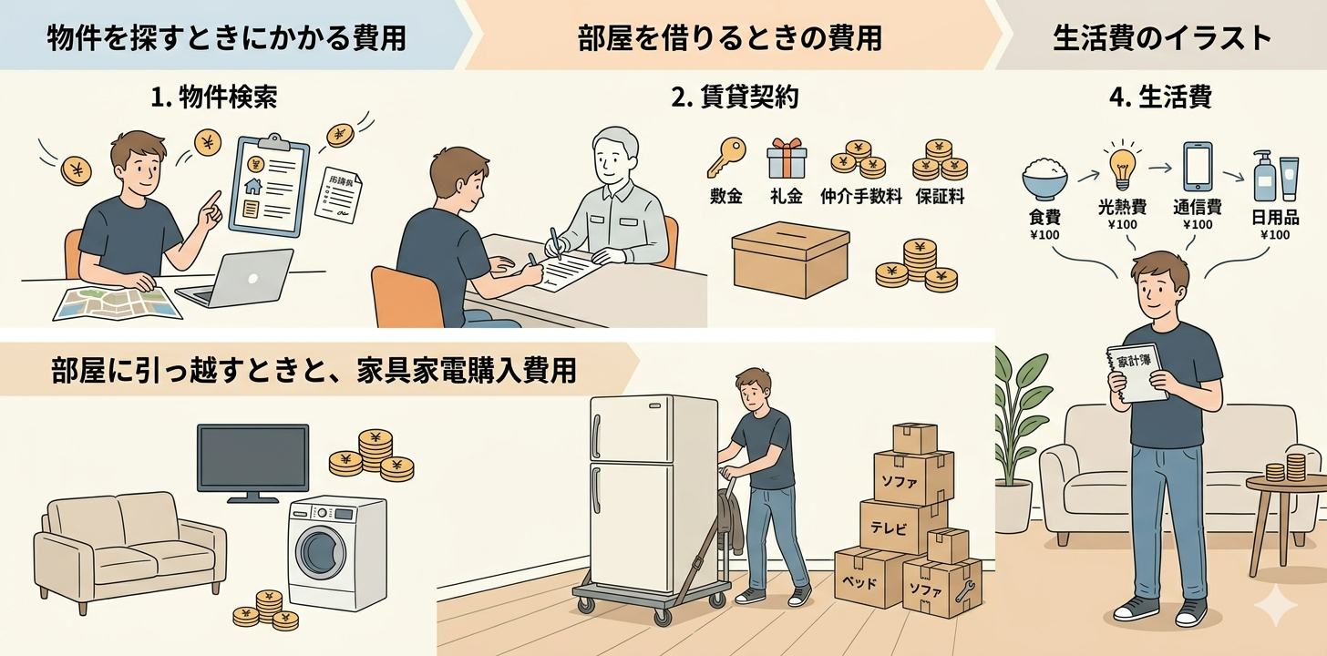 一人暮らしの新居に段ボールが並んでいるイラスト