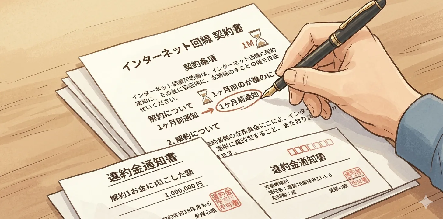 インターネット回線の解約と引越し手続きを確認しているイラスト