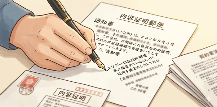 内容証明郵便を手書きで作成し書面で異議申し立てをするイラスト