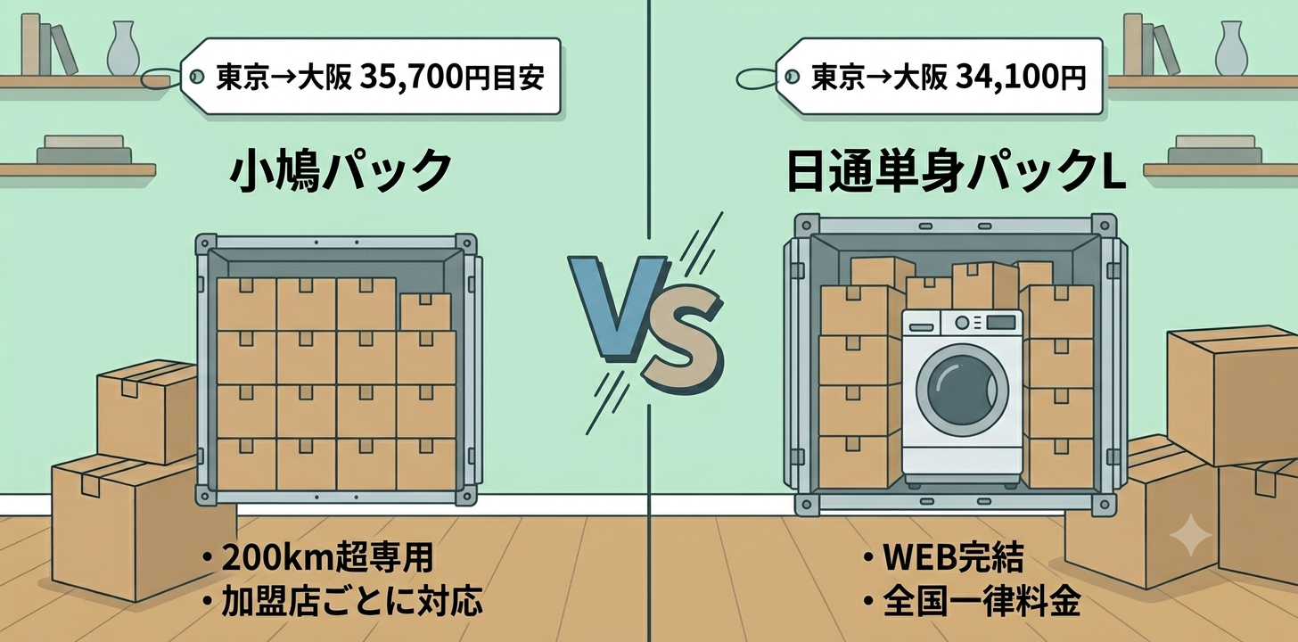 小鳩パックと日通単身パックLのコンテナを比較するイラスト